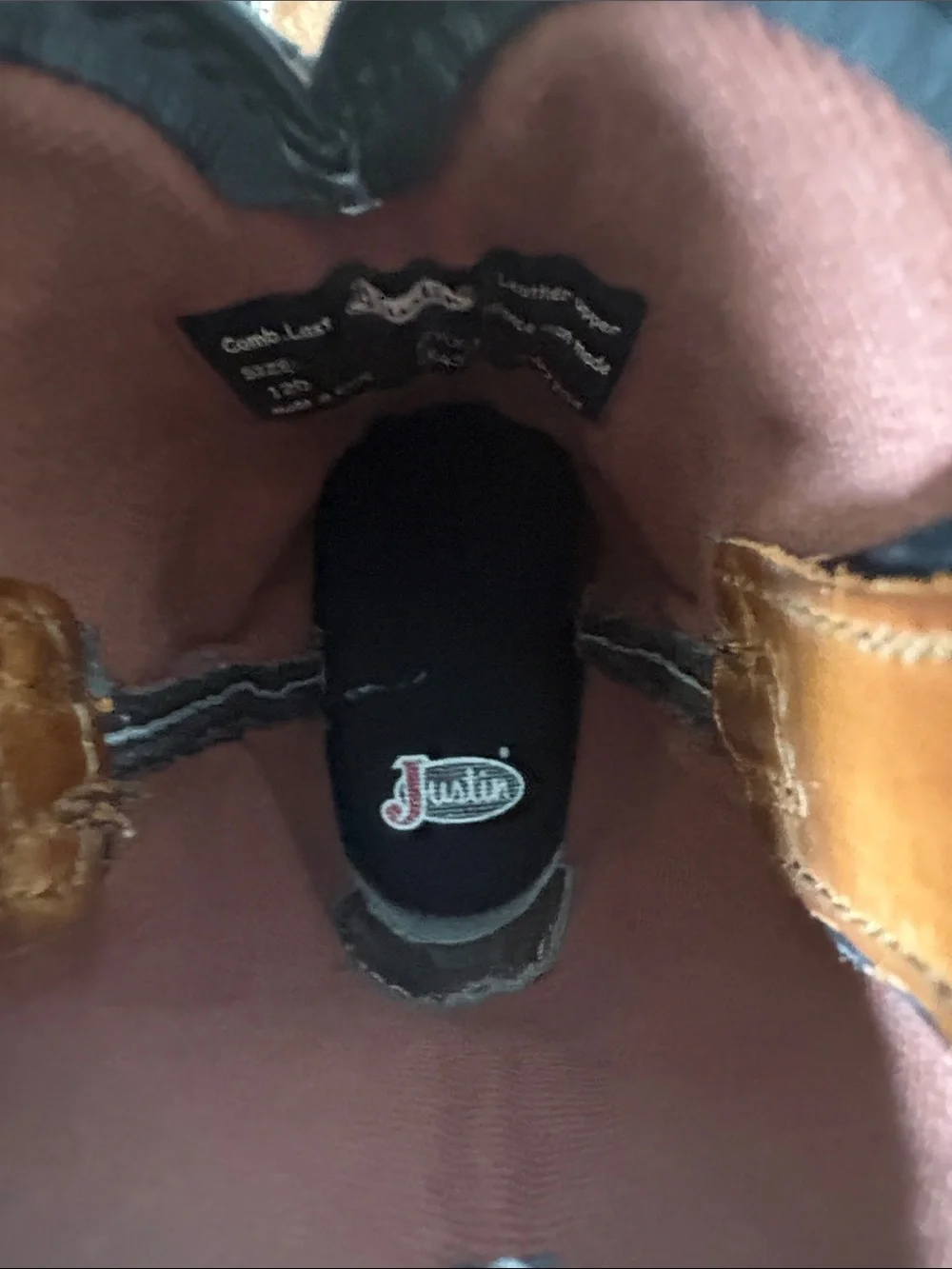 Justin Boots Brown Leather & Black Shaft Kids Western Boots with Red Stitching